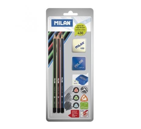 Ceruzka MILAN 3 x trojhranná HB/B/2B + guma + strúhadlo
